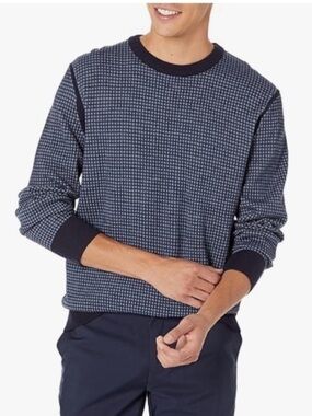Theory Maden Blue Grid Merino Wool Knit Crewneck Sweater Size XL